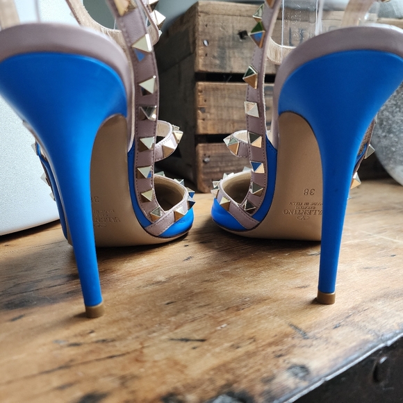 Valentino Rockstud T-Strap Blue Leather Heels - Picture 6 of 11